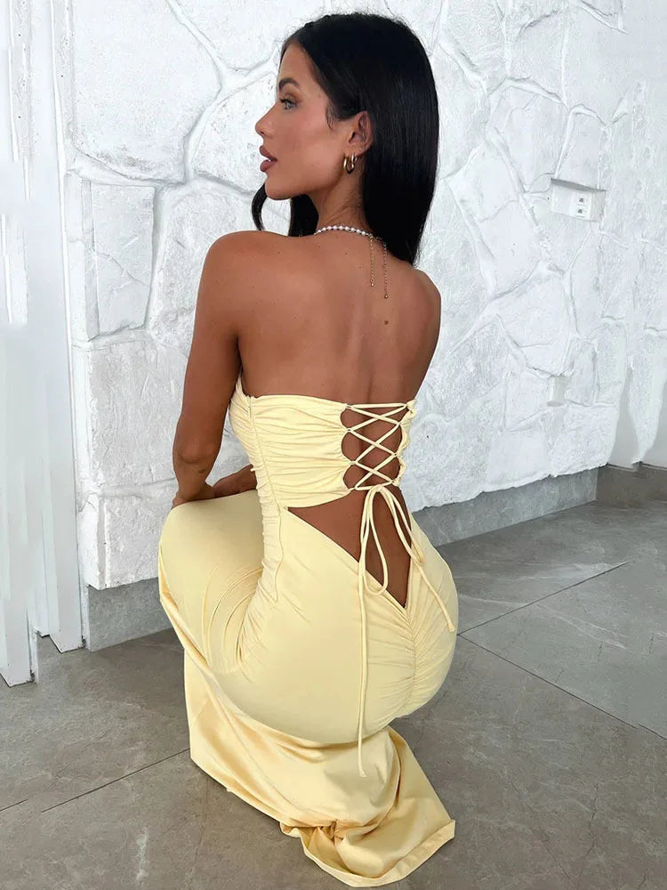 Sexy Sleeveless Bodycon Hollow Out Dress For Women Lace Up Pleats Slim Maxi Female Vestidos Elegant Party Evening Dress Sexy Sleeveless Bodycon Hollow Out Dress For Women Lace Up Pleats Slim Maxi Female Vestidos Elegant Party Evening Dress