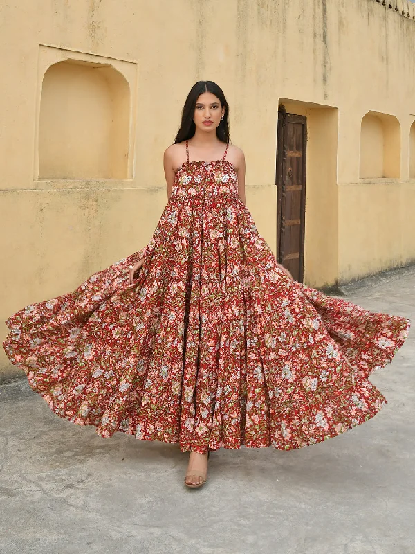 Janasya Women's Red Cotton Floral Print Tiered Western Dress