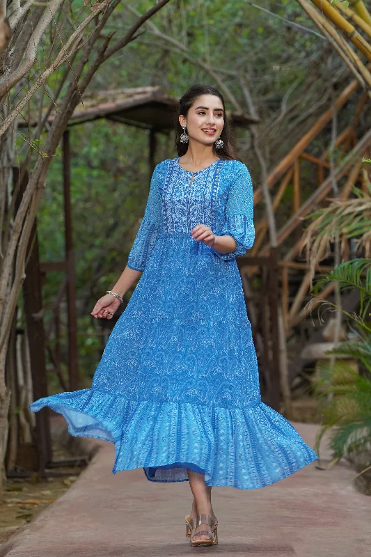 Juniper Womens Blue Georgette Floral Printed Tiered Dress