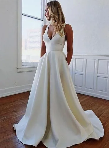 Simple v neck white satin long prom dresses, V neck white satin long formal evening dresses cg4575 Simple v neck white satin long prom dresses, V neck white satin long formal evening dresses cg4575