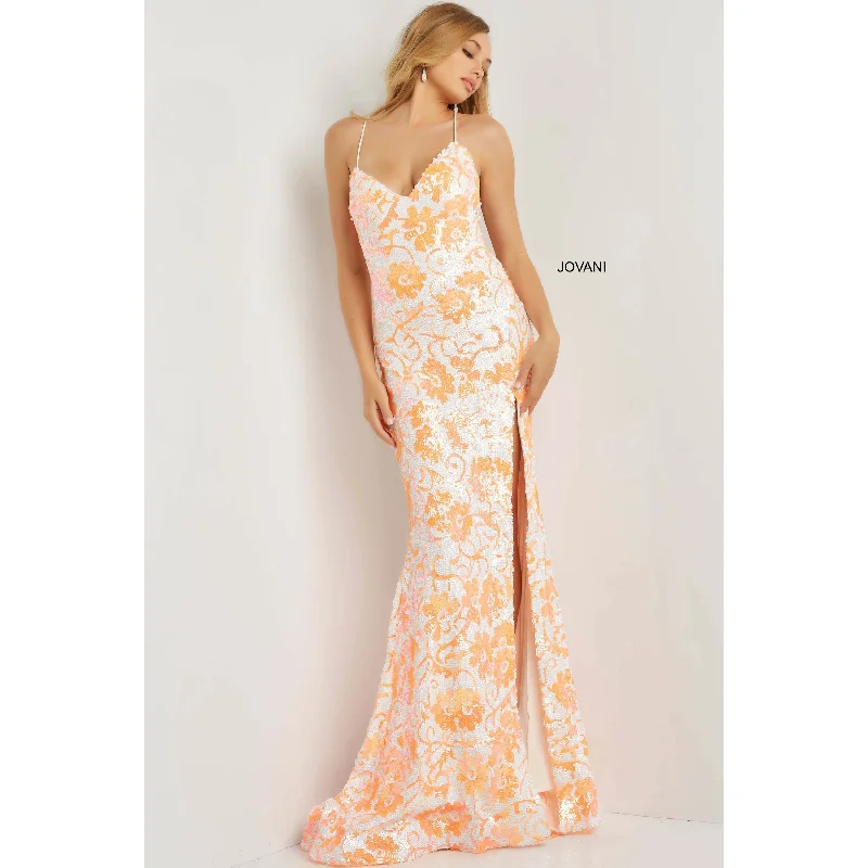 Jovani Ivory Orange Sequin Floral Sheath Prom Dress 08255