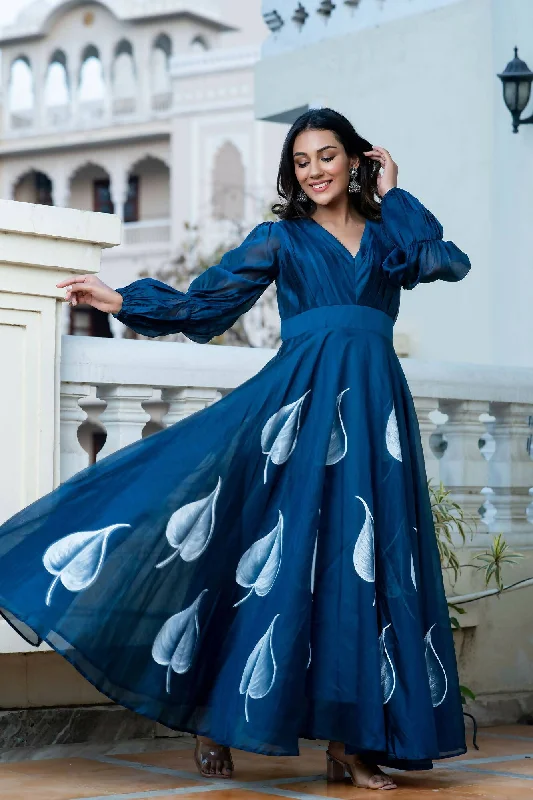 Women's Hand Painted Navy Blue Gown Dress - Isya