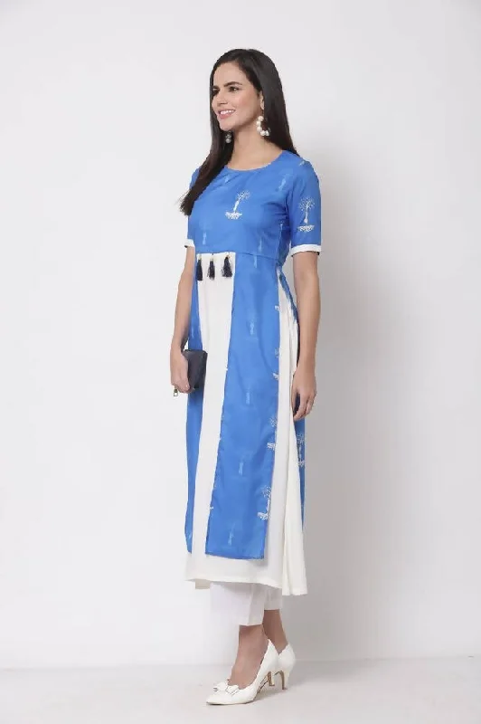 Myshka Viscose Printed 3/4 Sleeve Round Neck Casual Blue Women's dress
