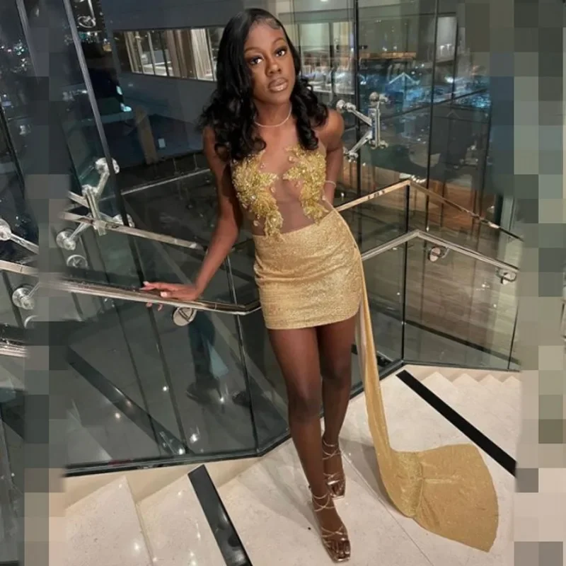 Simiple Gold Short Prom Dresses With Train Beading Applique Sequin Party Gowns Sheer Neck Mini Birthday Outfit Vestidos De Gala Simiple Gold Short Prom Dresses With Train Beading Applique Sequin Party Gowns Sheer Neck Mini Birthday Outfit Vestidos De Gala