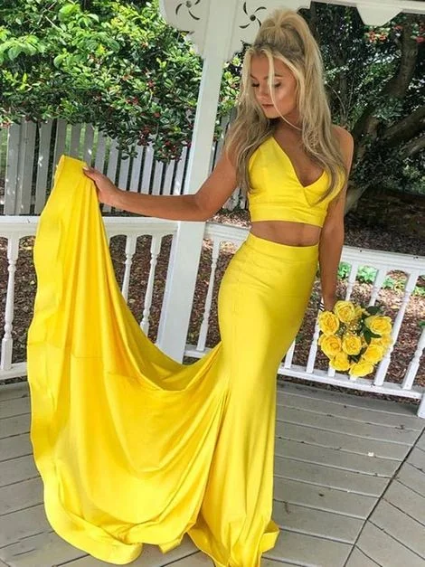 V Neck Yellow Satin Two Pieces Long Prom Dress, Yellow Mermaid 2 Pieces Formal Evening Dress cg4643 V Neck Yellow Satin Two Pieces Long Prom Dress, Yellow Mermaid 2 Pieces Formal Evening Dress cg4643