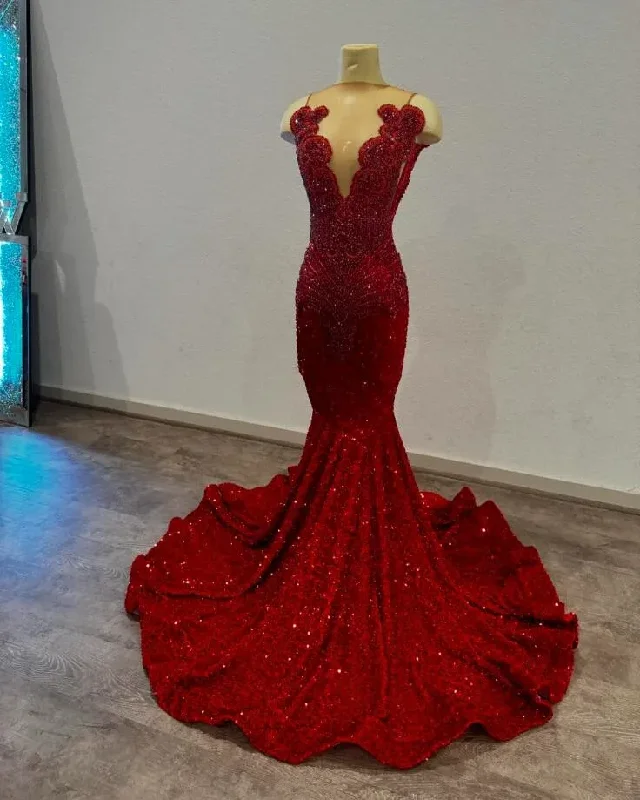 Red Sparkly Long Mermaid Prom Birthday Gala Dresses for Black Girl Luxury Diamond Velvet Evening Gown vestidos de 15 años Red Sparkly Long Mermaid Prom Birthday Gala Dresses for Black Girl Luxury Diamond Velvet Evening Gown vestidos de 15 años