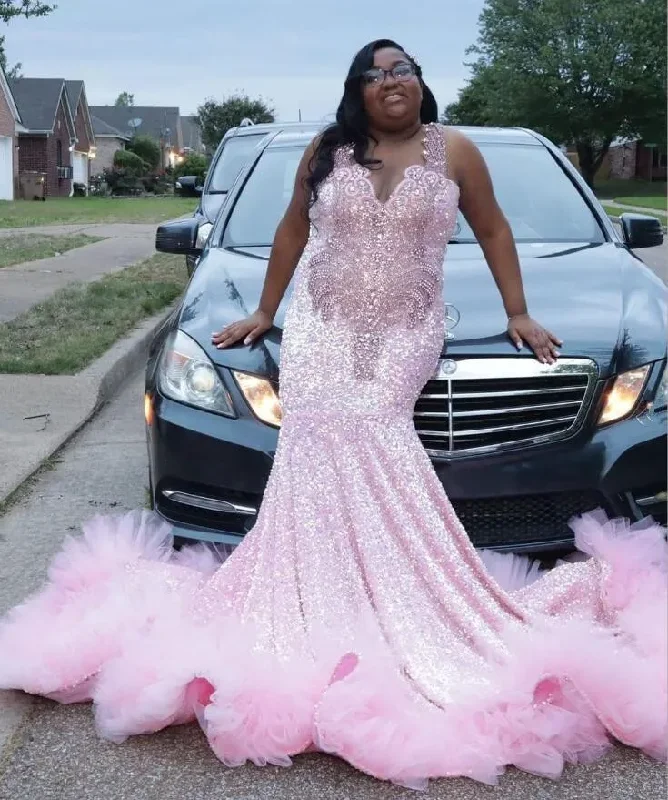 Sparkly Pink Mermaid Long Evening Birthday Gala Dresses for Black Girl Plus Size Gillter Diamond Velvet Prom Gown 2024 Sparkly Pink Mermaid Long Evening Birthday Gala Dresses for Black Girl Plus Size Gillter Diamond Velvet Prom Gown 2024