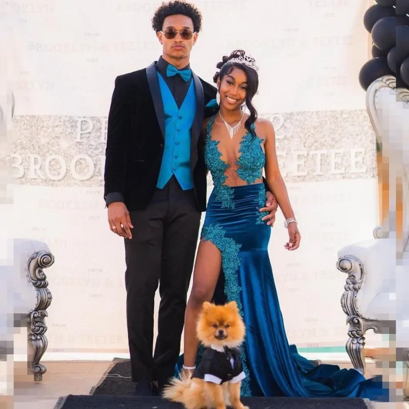 Turquoise Prom Dresses For Black Girl 2024 Sheer Neck Mermaid Party Gowns With Golve See Through Velvet Vestidos De Festa Turquoise Prom Dresses For Black Girl 2024 Sheer Neck Mermaid Party Gowns With Golve See Through Velvet Vestidos De Festa