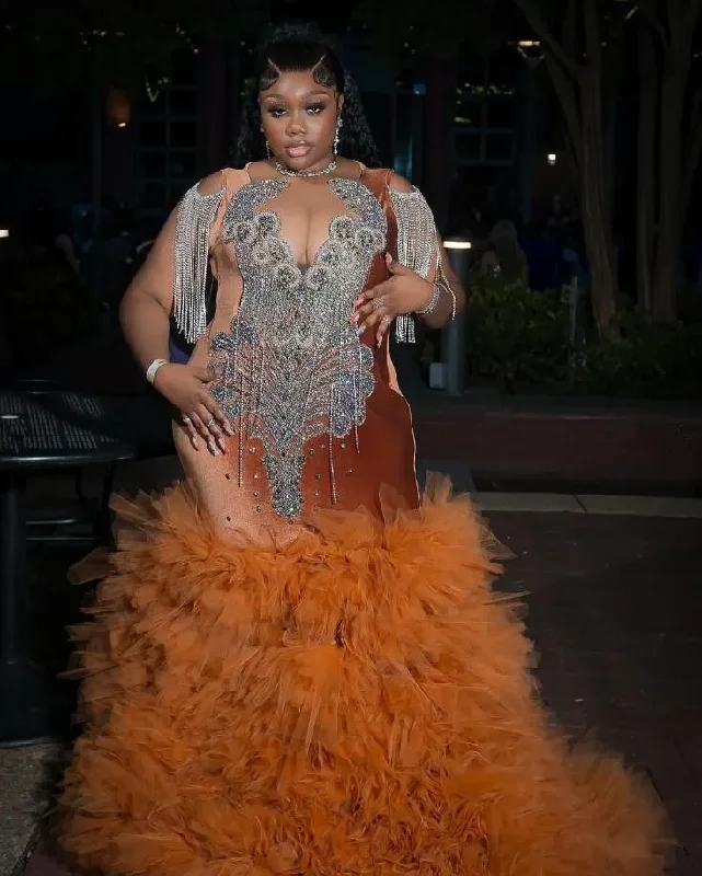 Sparkly Plus Size Prom Ceremony Dresses for Black Girl Luxury Diamond Tassel Ruffles Skirt Evening Birthday Gala Gown Sparkly Plus Size Prom Ceremony Dresses for Black Girl Luxury Diamond Tassel Ruffles Skirt Evening Birthday Gala Gown