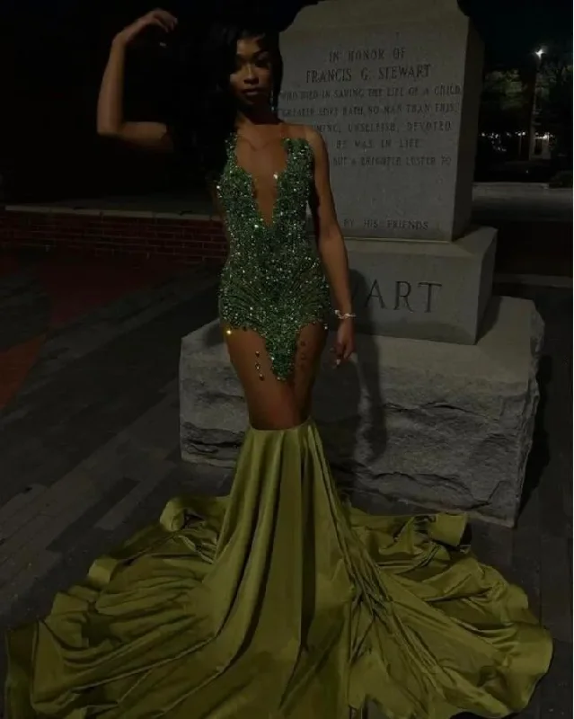 Green Luxury Evening Ceremony Formal Dresses for Black Girl Long Sparkly Diamond Crystal Prom Birthday Gala Dress Green Luxury Evening Ceremony Formal Dresses for Black Girl Long Sparkly Diamond Crystal Prom Birthday Gala Dress