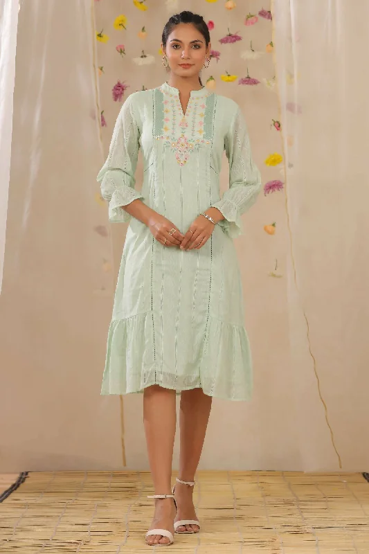 Juniper Women Sagegreen Cotton Dobby Woven Design A-Line Dress