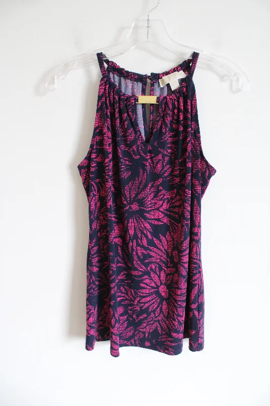 MICHAEL Michael Kors Navy Blue Pink Tropical Patterned Tank | S metallic tank top