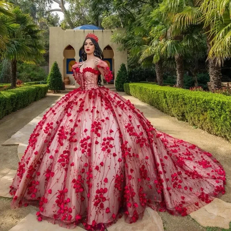 Red Shiny Ball Gown Quinceanera Dress Tulle Appliques Flowers Lace Off Shoulder Sweet 16 Birthday Party Formal vestidos de 15 Red Shiny Ball Gown Quinceanera Dress Tulle Appliques Flowers Lace Off Shoulder Sweet 16 Birthday Party Formal vestidos de 15