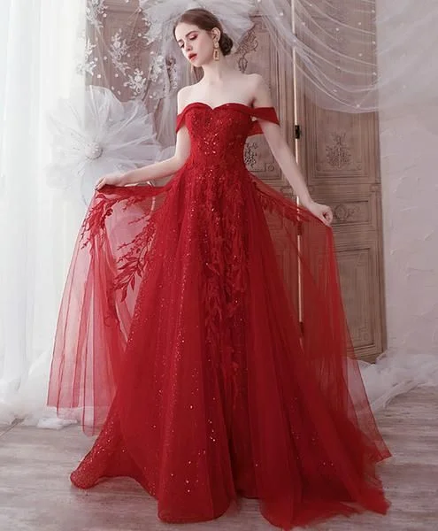 Burgundy tulle lace off shoulder tulle long prom dress evening dress cg5080