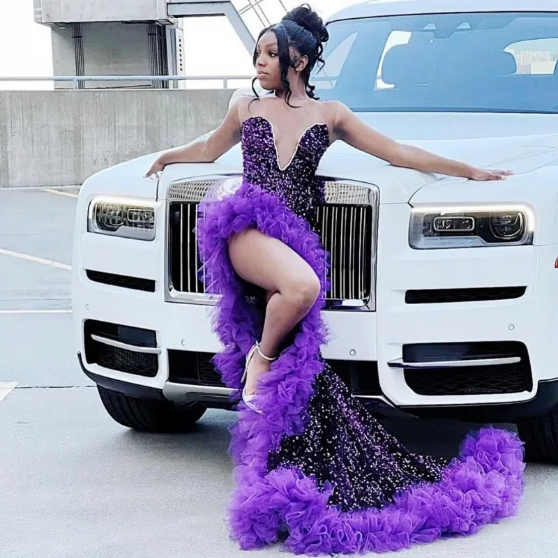 Elegant Purple Prom Dresses For Black Girls Sequin Mermaid Party Gown Ruffles Evening Dress African Women Elegant Purple Prom Dresses For Black Girls Sequin Mermaid Party Gown Ruffles Evening Dress African Women