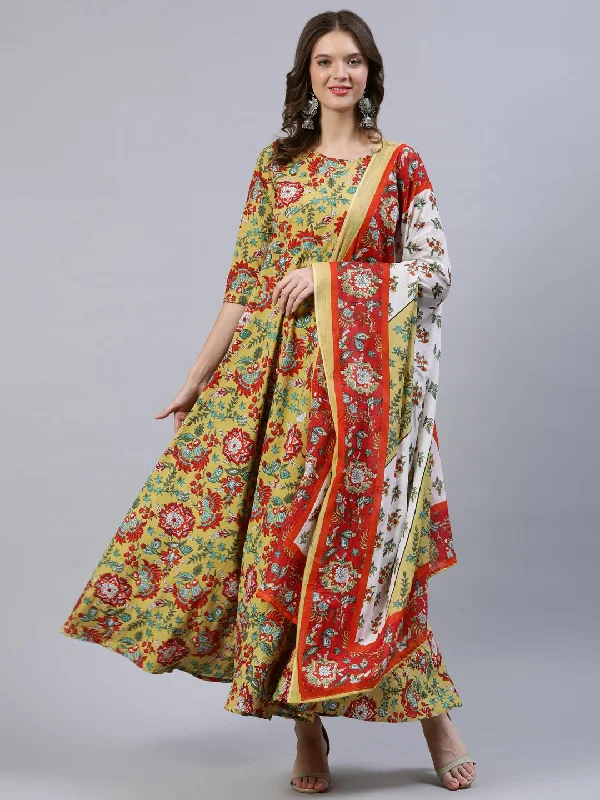 NOZ2TOZ Women Green Floral Printed Dress With Dupatta