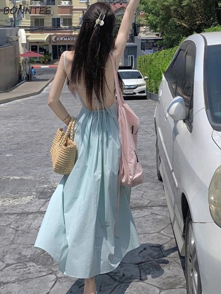 Dresses Women Sexy Backless Charming Creativity Streetwear Holiday A-line Ulzzang Simple Elegant Solid Trendy Spaghetti Strap Dresses Women Sexy Backless Charming Creativity Streetwear Holiday A-line Ulzzang Simple Elegant Solid Trendy Spaghetti Strap
