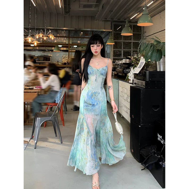 Summer Women's Suspender Dress Sleeveless Holiday Romantic Sexy Oil Painting Halo Dyed Fishtail Skirt Irregular Camisole Dress Summer Women's Suspender Dress Sleeveless Holiday Romantic Sexy Oil Painting Halo Dyed Fishtail Skirt Irregular Camisole Dress