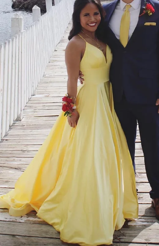 Simple yellow satin long prom dress, yellow evening dress cg5014
