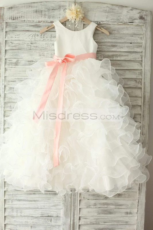 Ball Gown Ivory Satin Ruffle Organza Ruffles Flower Girl Dress, Belt