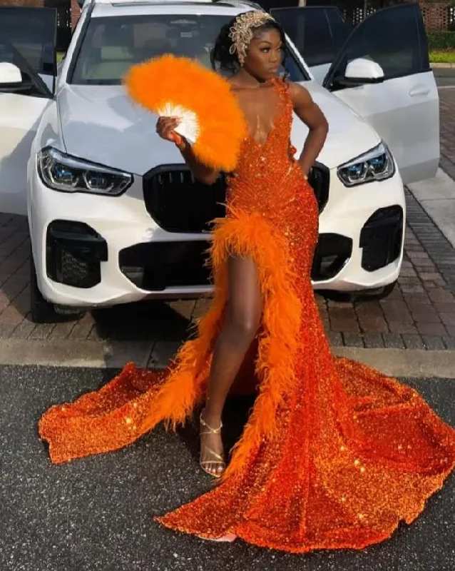 Orange Sparkly African Evening Reception Dresses for Women Luxury Diamond Crystal Feather Slit Prom Gown vestidos de fiesta Orange Sparkly African Evening Reception Dresses for Women Luxury Diamond Crystal Feather Slit Prom Gown vestidos de fiesta
