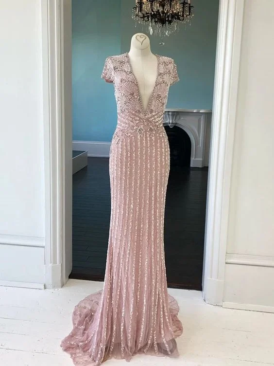 Blush Pink Sparkly Long Prom Dresses Short Sleeve V neck Beaded Custom Evening Dress Formal Gowns cg4593 Blush Pink Sparkly Long Prom Dresses Short Sleeve V neck Beaded Custom Evening Dress Formal Gowns cg4593