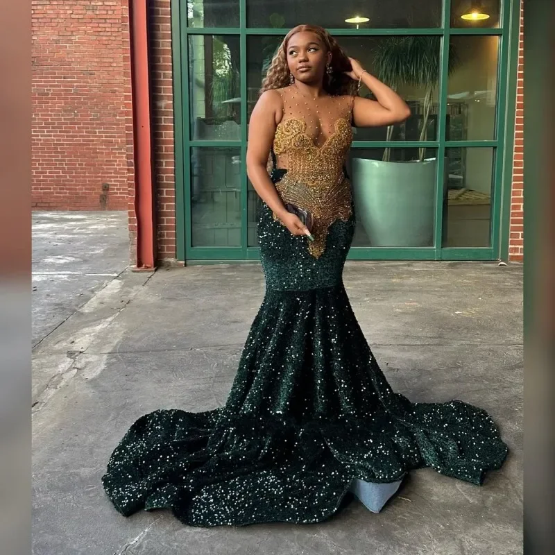 Dark Green With Gold Diamond Prom Dresses 2024 Crystal Mermaid Party Gowns Long Birthday Outfits Vestidos De Gala Dark Green With Gold Diamond Prom Dresses 2024 Crystal Mermaid Party Gowns Long Birthday Outfits Vestidos De Gala