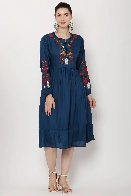 PAVONINE Navy Blue Color Flower Embroidery Dress For Women