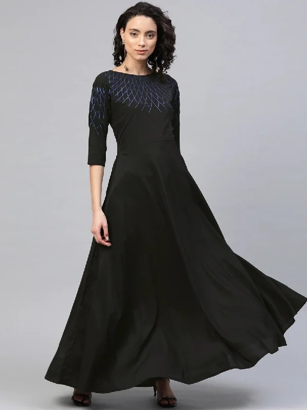Ahalyaa Women Black Long Flared Kurta Dress