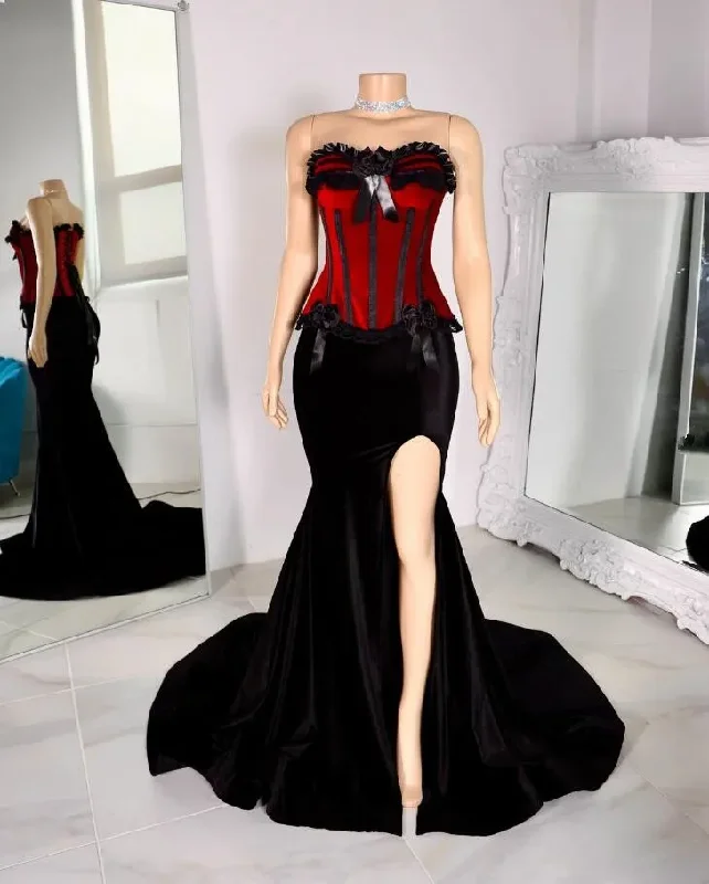 Wine Red Black Velvet Victorian Mermaid Evening Formal Dresses Sweetheart Lace-up Corset Steampunk Gothic Prom Gown high slit Wine Red Black Velvet Victorian Mermaid Evening Formal Dresses Sweetheart Lace-up Corset Steampunk Gothic Prom Gown high slit