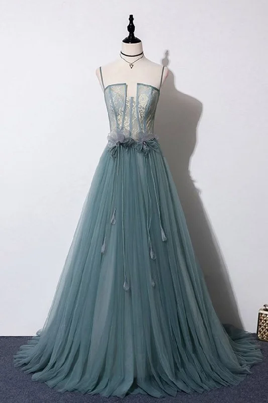 Green Gray Tulle Lace Top Long Strapless Handmade Prom Dress With Applique cg5060