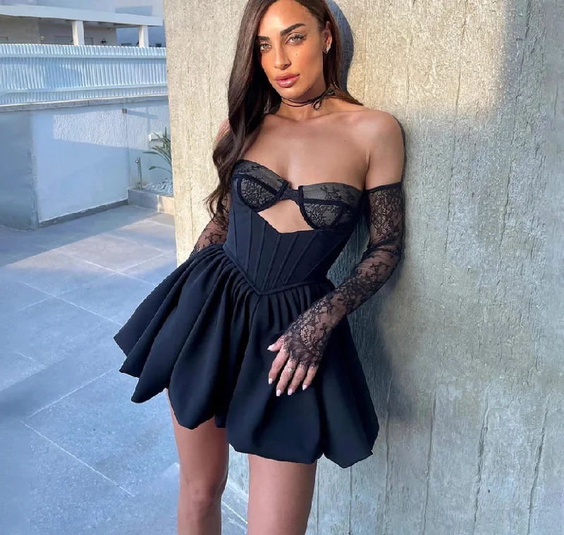 Black Mini Prom Dresses Sweetheart Puffy Cocktail Dress Stain Lace Sexy A-Line Speical Occasion Gowns Club Night Wear Black Mini Prom Dresses Sweetheart Puffy Cocktail Dress Stain Lace Sexy A-Line Speical Occasion Gowns Club Night Wear