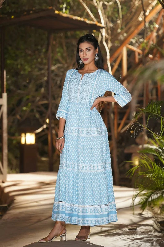 Juniper Women Blue Rayon Printed Tiered Dress