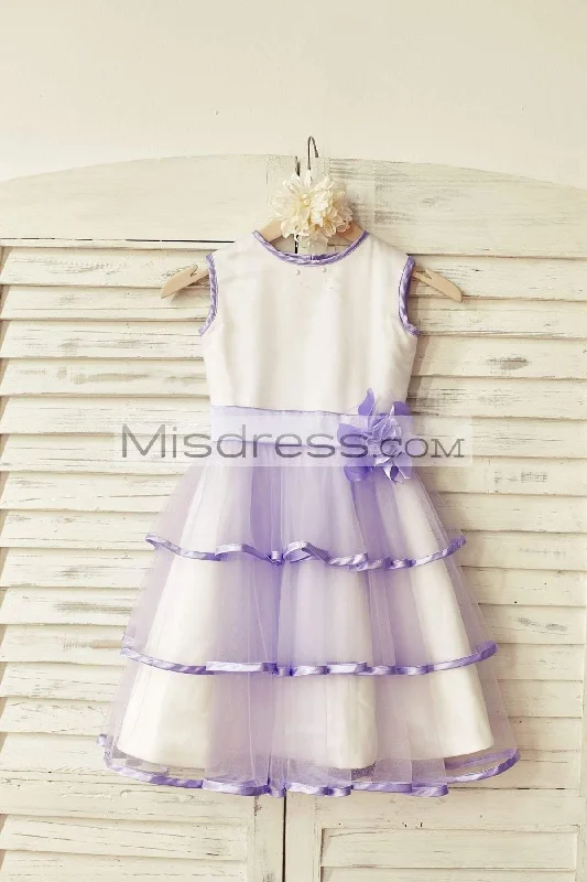 Lavender Satin Tiered Tulle Flower Girl Dress, Flower Sash