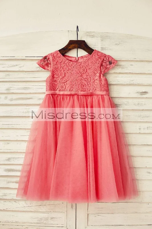 Coral Lace Tulle Cap Sleeve Knee Length Flower Girl Dress