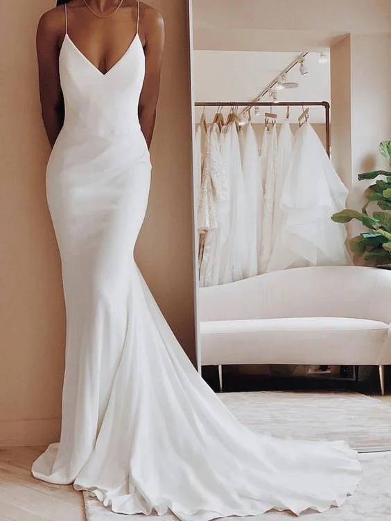 Long Ivory Satin Spaghetti Strap V-Neck Mermaid Formal prom Dress With Sweep Train cg4407 Long Ivory Satin Spaghetti Strap V-Neck Mermaid Formal prom Dress With Sweep Train cg4407