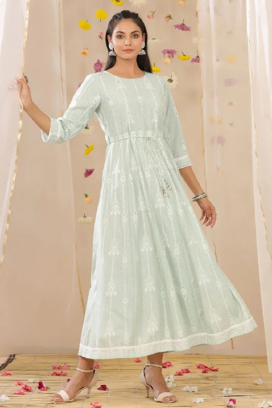 Juniper Womens Mint Rayon Gliter Printed Anarkali Dress
