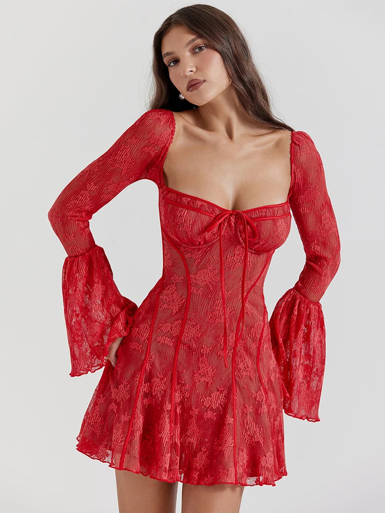 Elegant Square Neck Lace Patchwork Dress Women Flare Sleeve Ruffle Edge Double Layer Bodycon Vesidos Slim Party Evening Elegant Square Neck Lace Patchwork Dress Women Flare Sleeve Ruffle Edge Double Layer Bodycon Vesidos Slim Party Evening