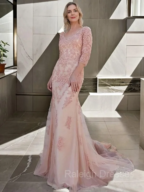 Trumpet/Mermaid Tulle Lace V-neck 3/4 Sleeves Sweep/Brush Train Mother of the Bride Dresses Trumpet/Mermaid Tulle Lace V-neck 3/4 Sleeves Sweep/Brush Train Mother of the Bride Dresses