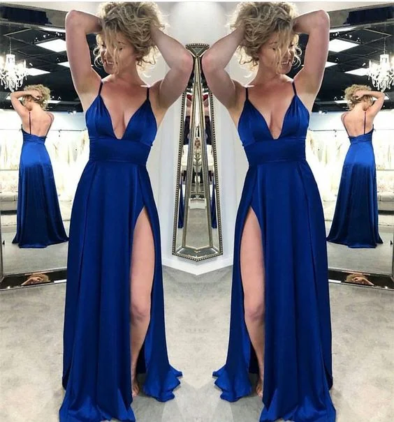Royal Blue Satin Side Slit Long Prom Dress Spaghetti Strap V-Neck Prom Dresses Plus Size Formal Evening Party Gowns 2019 cg4779 Royal Blue Satin Side Slit Long Prom Dress Spaghetti Strap V-Neck Prom Dresses Plus Size Formal Evening Party Gowns 2019 cg4779