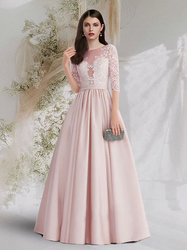 Princess Cute Engagement Prom Dress Jewel Neck Half Sleeve Floor Length Satin with Pleats Lace Insert Princess Cute Engagement Prom Dress Jewel Neck Half Sleeve Floor Length Satin with Pleats Lace Insert