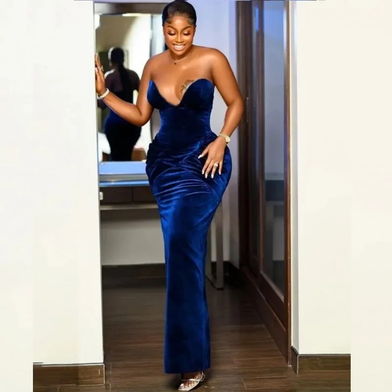 Sexy Blue Evening Dresses For Women Sweetheart Velvet African Women Mermaid Prom Gowns Aso Ebi Wedding Guest Party Wear Sexy Blue Evening Dresses For Women Sweetheart Velvet African Women Mermaid Prom Gowns Aso Ebi Wedding Guest Party Wear