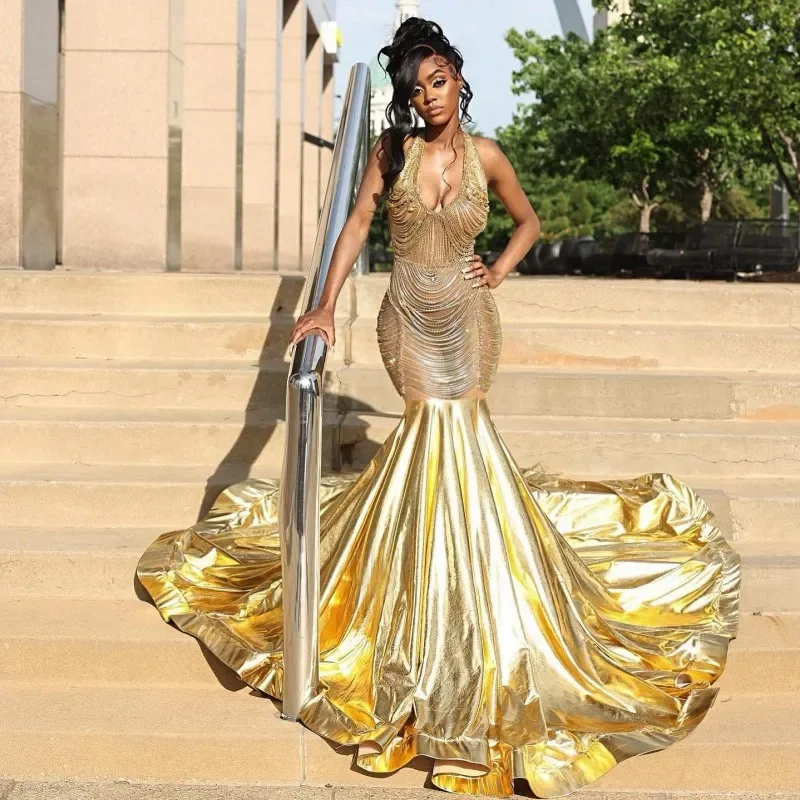 Sparkly Gold Crystal Prom Dresses Backless Rhinestone Tassel Mermaid Party Gowns Sweep Train African Women Evening Dress Sparkly Gold Crystal Prom Dresses Backless Rhinestone Tassel Mermaid Party Gowns Sweep Train African Women Evening Dress