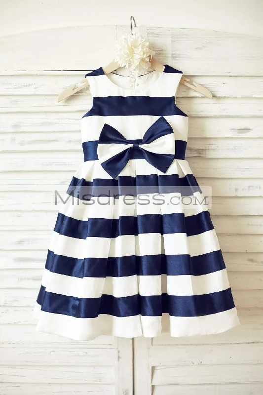Ivory Navy Blue Stripes Taffeta Sleeveless Flower Girl Dress, Bow