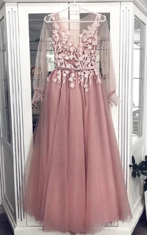 Pink tulle lace long prom dress, pink tulle formal dress cg5025