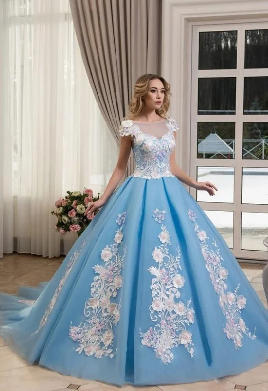 Princess Ball Gown Prom Dresses Light Blue Sheer Neck Lace Appliqued Flower Evening Gowns Vintage Formal Pageant Dress cg4650 Princess Ball Gown Prom Dresses Light Blue Sheer Neck Lace Appliqued Flower Evening Gowns Vintage Formal Pageant Dress cg4650