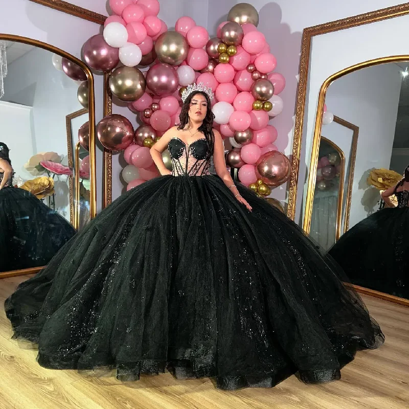 Sparkly Black Quincenara Dresses Sweetheart 2024 Appliqued Beads Sweet 16 Prom Gowns Pageant Dress Vestido XV Años Sparkly Black Quincenara Dresses Sweetheart 2024 Appliqued Beads Sweet 16 Prom Gowns Pageant Dress Vestido XV Años