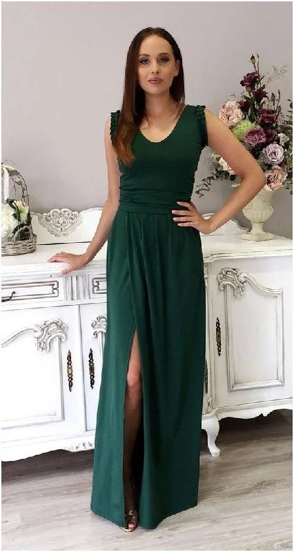 Dark Green Bridesmaid Maxi prom Dress Fitted Bodice V Neck Sleeveless High Slit Sash cg4341 Dark Green Bridesmaid Maxi prom Dress Fitted Bodice V Neck Sleeveless High Slit Sash cg4341
