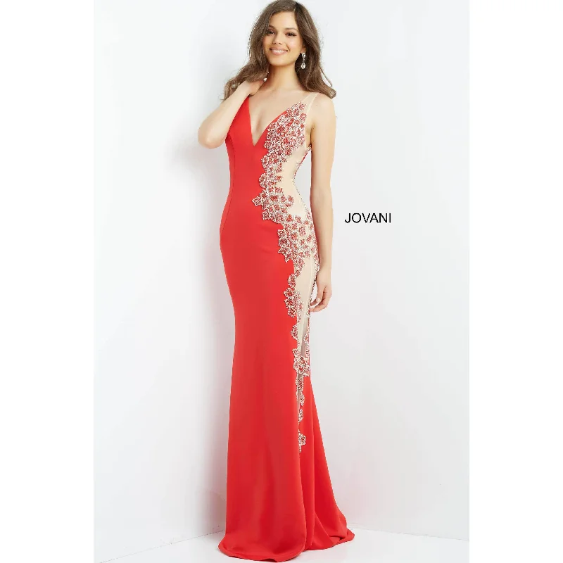 Jovani Red Sheer Side Embellished Prom Dress 07275