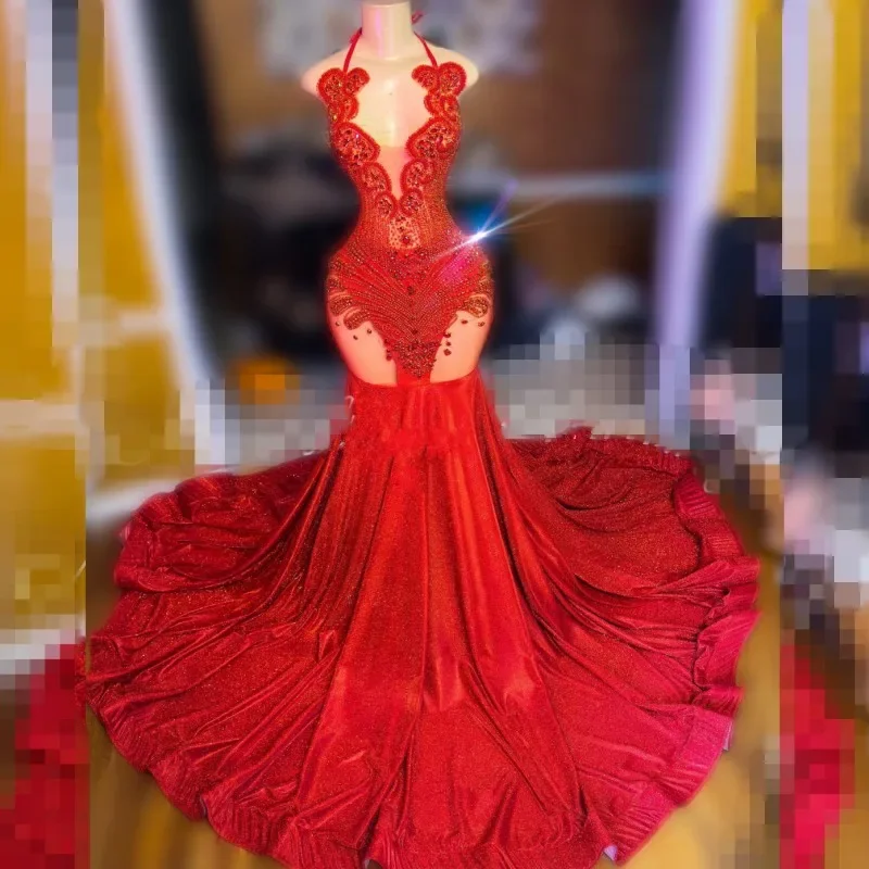 Luxury Red Prom Dresses For Black Girls 2024 Rhinestone Mermaid Party Gowns Halter Sequin Crystal Vestidos De Festa Luxury Red Prom Dresses For Black Girls 2024 Rhinestone Mermaid Party Gowns Halter Sequin Crystal Vestidos De Festa